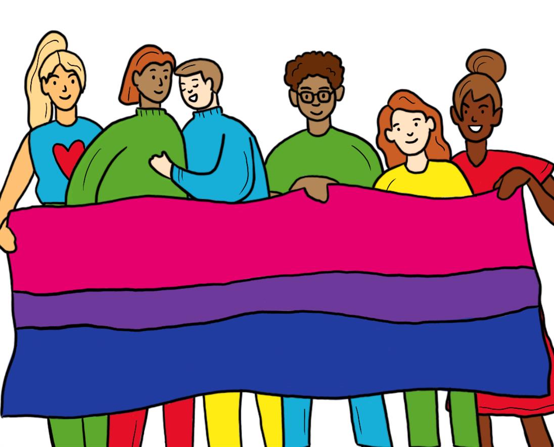 Auf dem Bild werden mehrere Personen unterschiedlichen Geschlechts und unterschiedlicher Herkunft abgebildet, welche gemeinsam eine große Flagge vor sich halten. Die Flagge hat von oben nach unten die Farben pink, lila, dunkelblau.